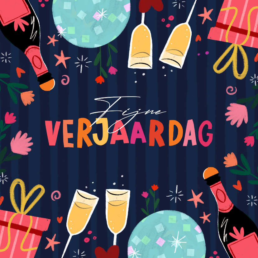 Verjaardagskaart champagne en discoballen - Verjaardagskaarten Verjaardagskaarten - Verjaardagskaart champagne en discoballen