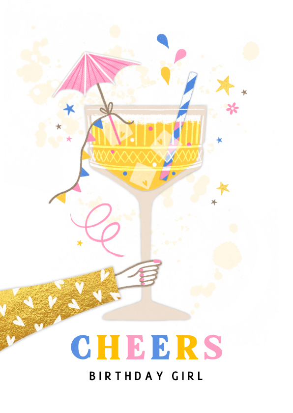 Verjaardagskaarten - Verjaardagskaart cheers cocktail geel goud roze blauw