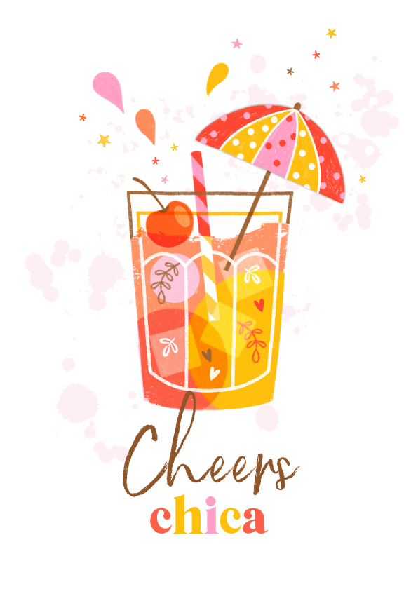 Verjaardagskaarten - Verjaardagskaart cheers cocktail parasol oranje geel roze