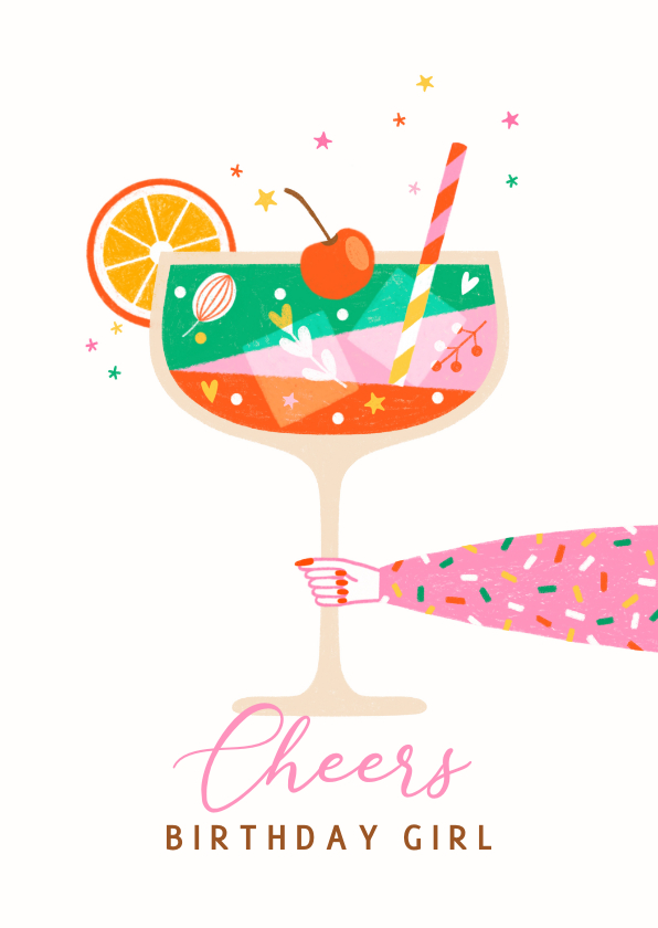 Verjaardagskaarten - Verjaardagskaart cheers cocktail roze groen