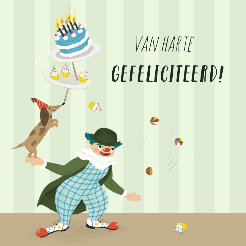 Verjaardagskaart circus met clown taart cupcakes en hond - Verjaardagskaarten Verjaardagskaarten - Verjaardagskaart circus met clown taart cupcakes en hond