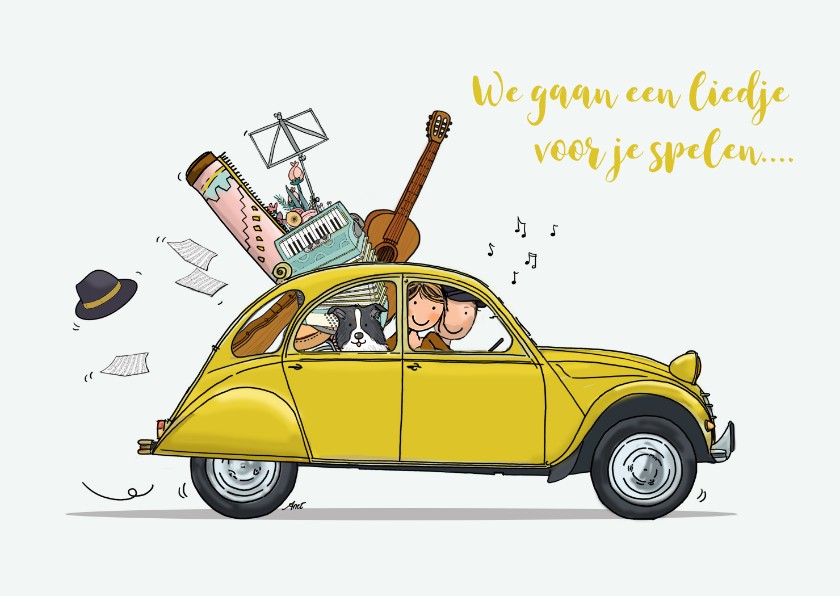 Verjaardagskaarten - Verjaardagskaart Citroën eend met muzikanten