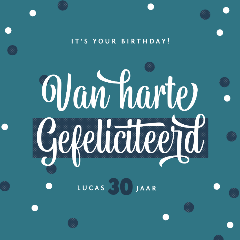 Verjaardagskaarten - Verjaardagskaart confetti kalligrafie groen blauw typo