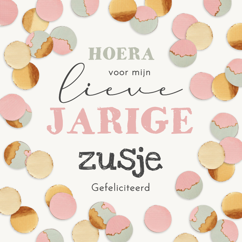 Verjaardagskaart confetti zusje jarig pastel roze groen - Verjaardagskaarten Verjaardagskaarten - Verjaardagskaart confetti zusje jarig pastel roze groen