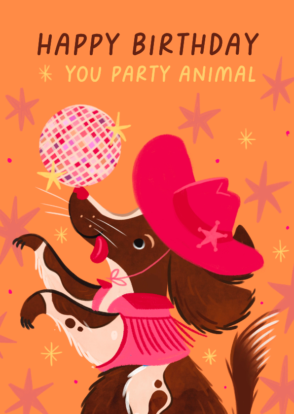 Verjaardagskaarten - Verjaardagskaart cowboy hond met discobal