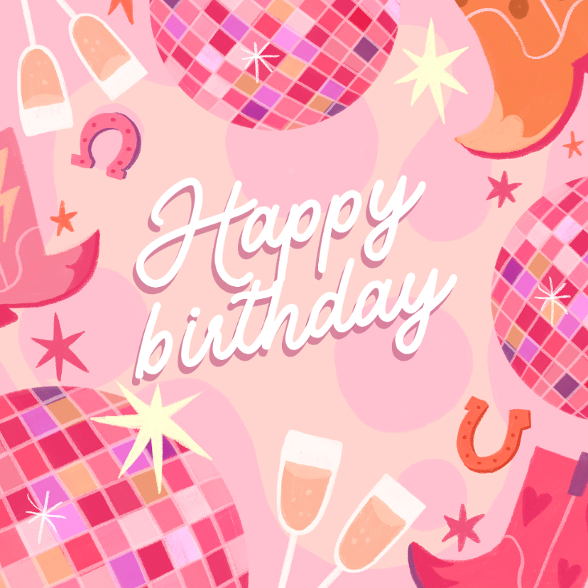 Verjaardagskaarten - Verjaardagskaart cowboyboots en discoballen roze