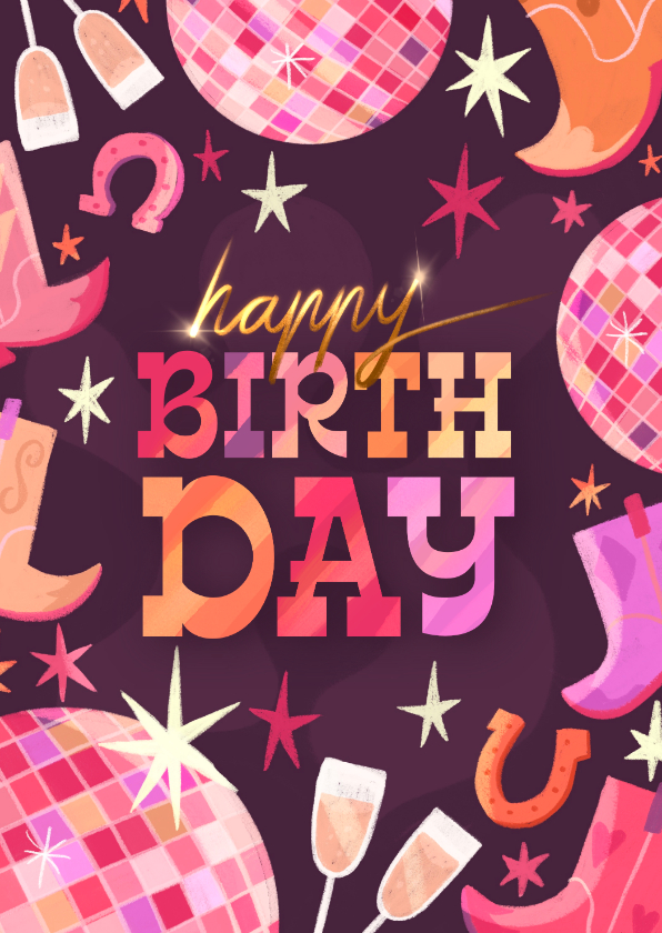 Verjaardagskaarten - Verjaardagskaart cowboyboots en discoballen