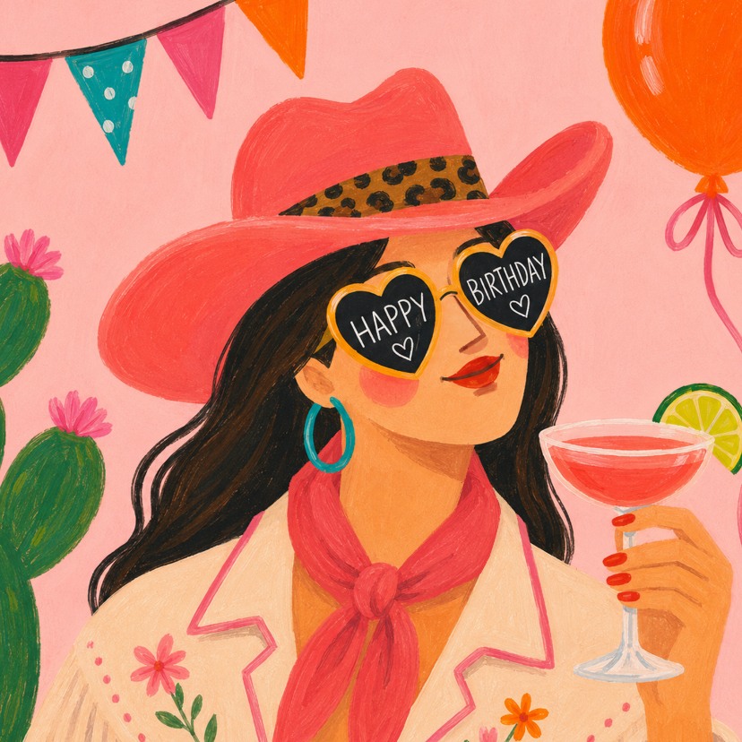 Verjaardagskaart cowgirl met cocktail - Verjaardagskaarten Verjaardagskaarten - Verjaardagskaart cowgirl met cocktail