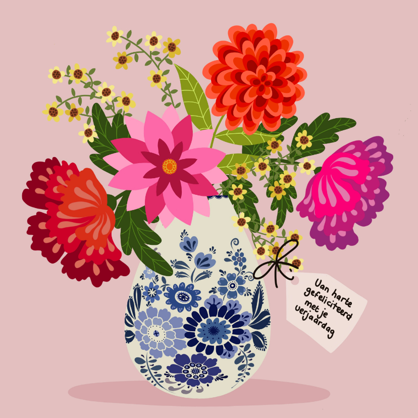 Verjaardagskaart - Delfts blauwe vaas met bloemen - Verjaardagskaarten Verjaardagskaarten - Verjaardagskaart - Delfts blauwe vaas met bloemen