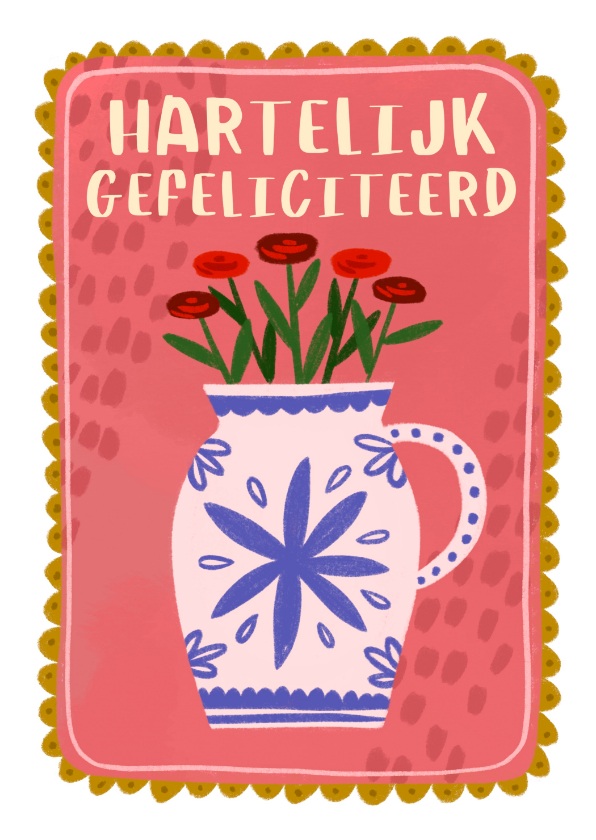 Verjaardagskaarten - Verjaardagskaart Delfts blauwe vaas met rozen