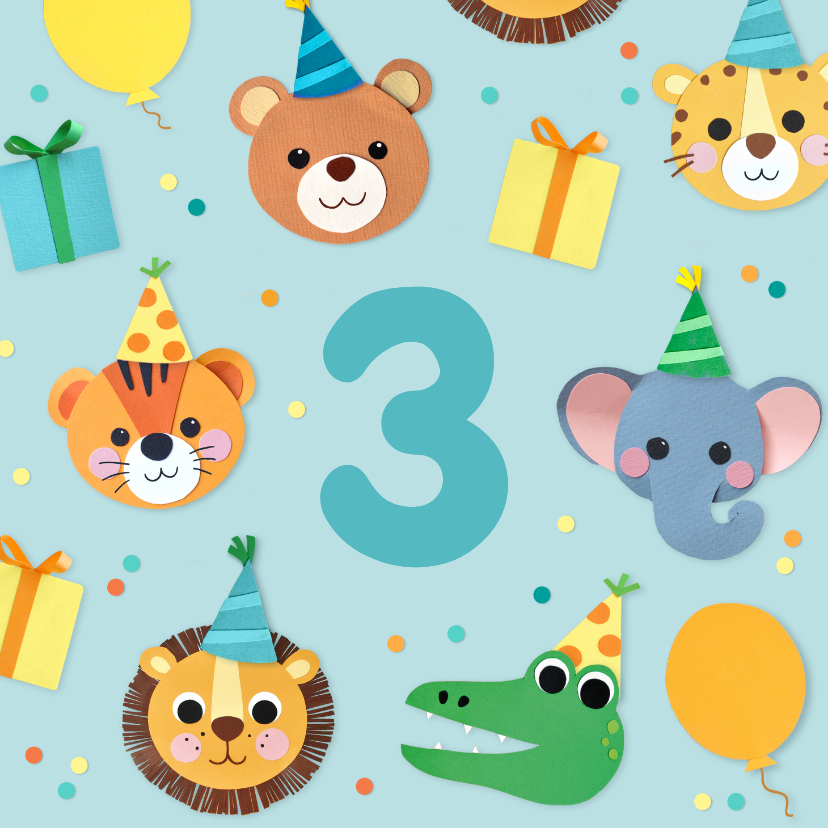 Verjaardagskaart dieren, ballonnen en cadeautjes - Verjaardagskaarten Verjaardagskaarten - Verjaardagskaart dieren, ballonnen en cadeautjes