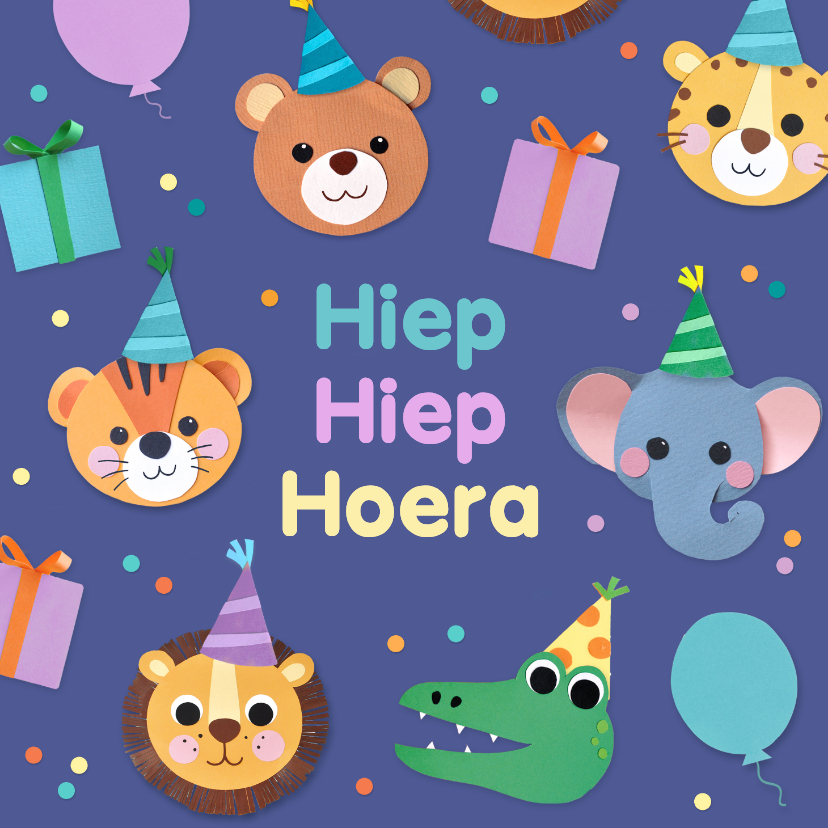 Verjaardagskaart dieren, ballonnen en confetti - Verjaardagskaarten Verjaardagskaarten - Verjaardagskaart dieren, ballonnen en confetti