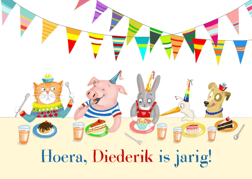 Verjaardagskaarten - Verjaardagskaart dieren taart en limonade aan de tafel