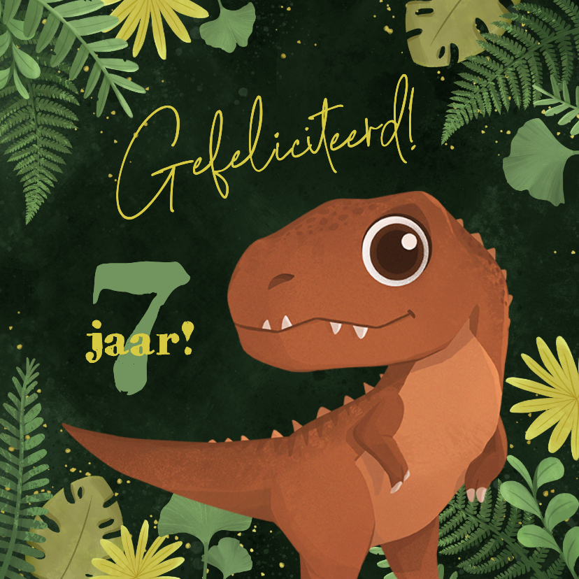 Verjaardagskaart dino t-rex jungle bladeren stoer - Verjaardagskaarten Verjaardagskaarten - Verjaardagskaart dino t-rex jungle bladeren stoer