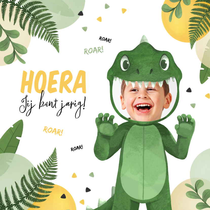 Verjaardagskaarten - Verjaardagskaart dinosaurus kostuum stoer jungle ballonnen