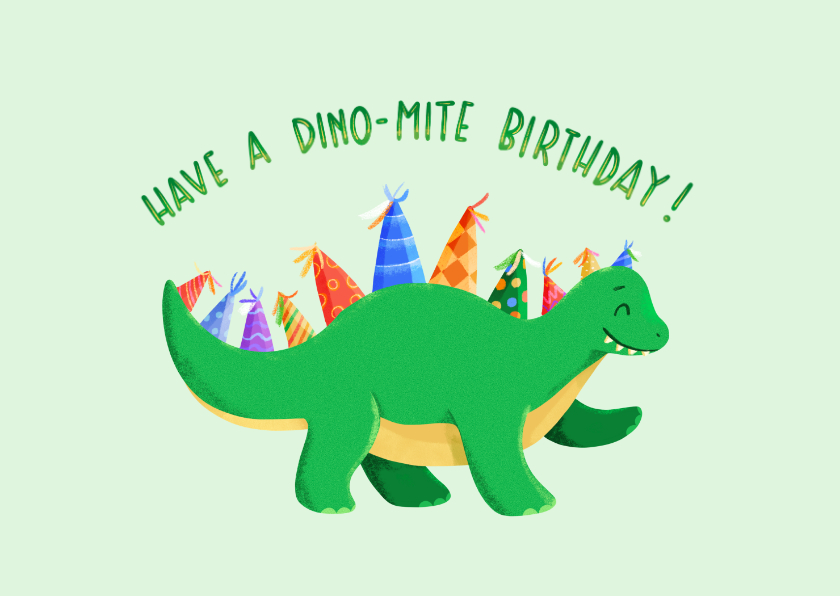 Verjaardagskaarten - Verjaardagskaart dinosaurus met feesthoedjes