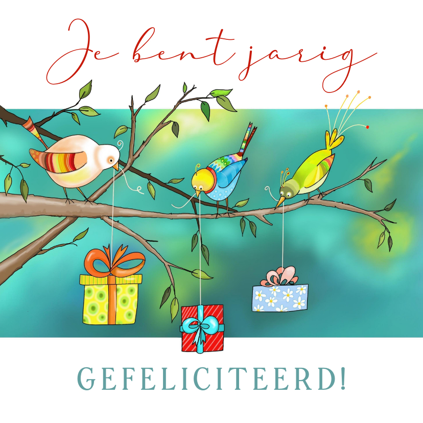 Verjaardagskaarten - Verjaardagskaart drie vogeltjes met cadeautjes