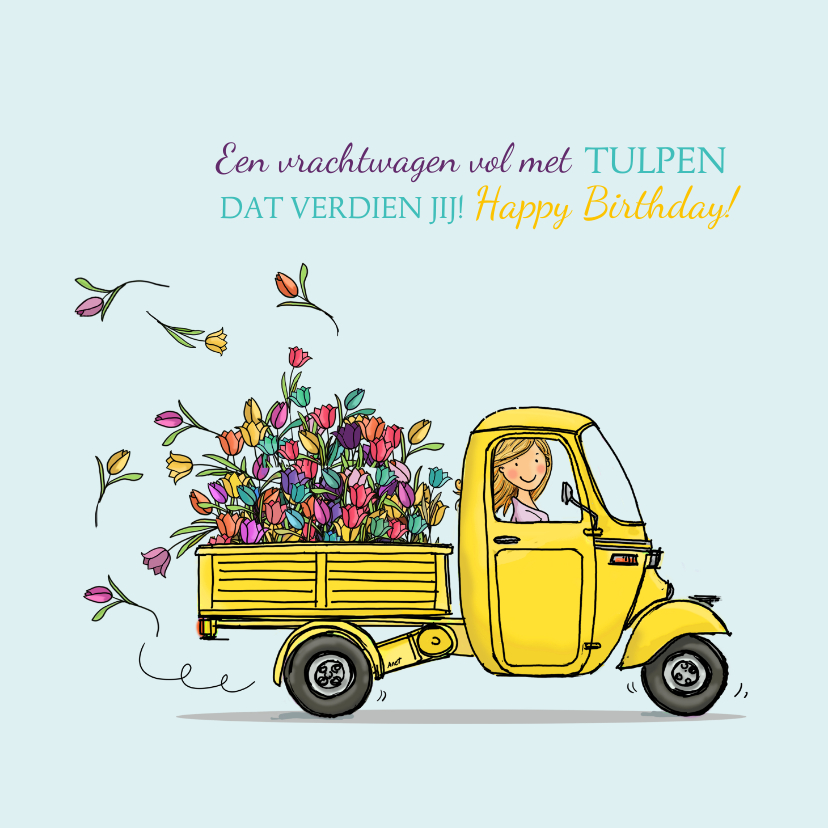 Verjaardagskaart driewieler met tulpen - Verjaardagskaarten Verjaardagskaarten - Verjaardagskaart driewieler met tulpen