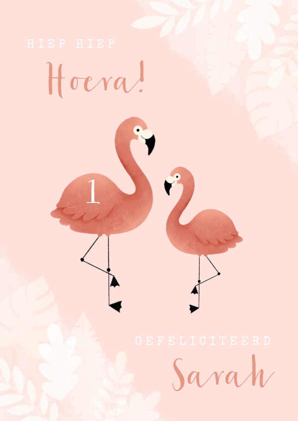 Verjaardagskaarten - Verjaardagskaart eerste verjaardag met flamingo en jungle