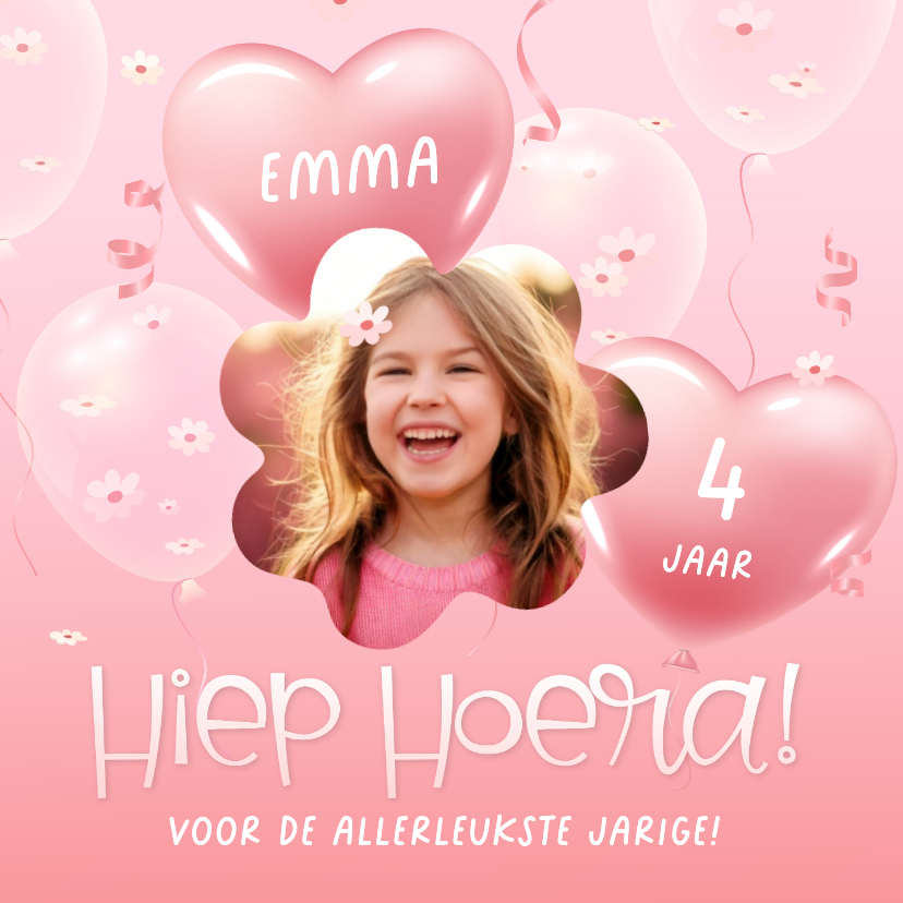 Verjaardagskaarten - Verjaardagskaart eigen foto hartjes en bloesem 3d ballonnen