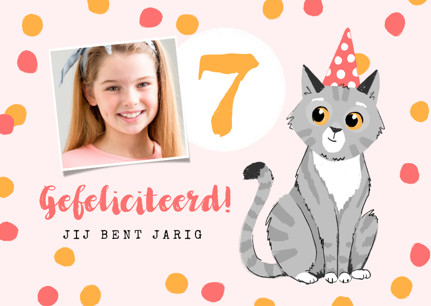 Verjaardagskaart feest meisje confetti kat - Verjaardagskaarten Verjaardagskaarten - Verjaardagskaart feest meisje confetti kat