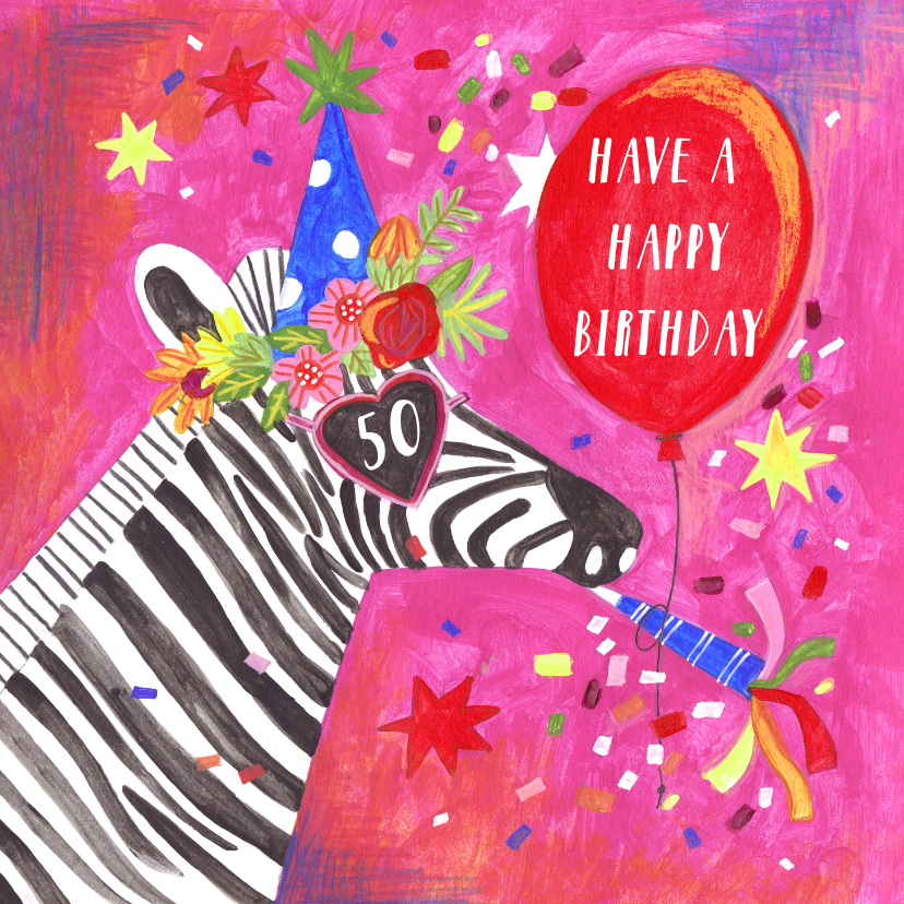 Verjaardagskaarten - Verjaardagskaart feest zebra met zonnebril