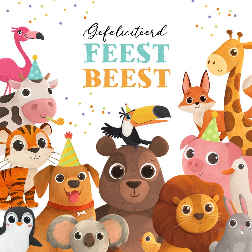 Verjaardagskaarten - Verjaardagskaart feestbeest dieren feestje confetti