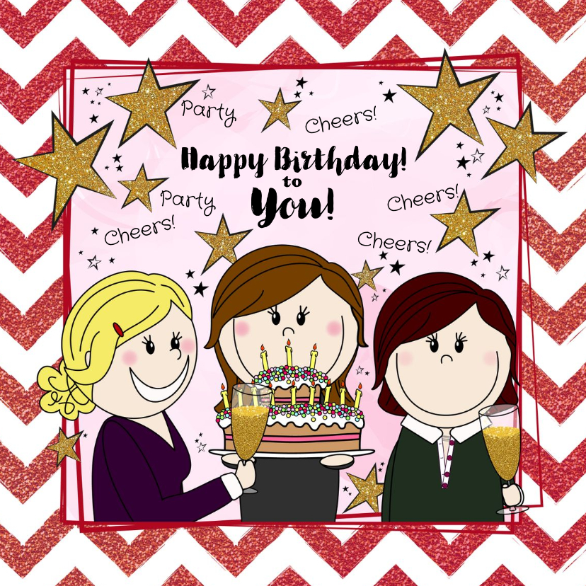 Verjaardagskaarten - Verjaardagskaart feestelijke kaart 3 vriendinnen en taart