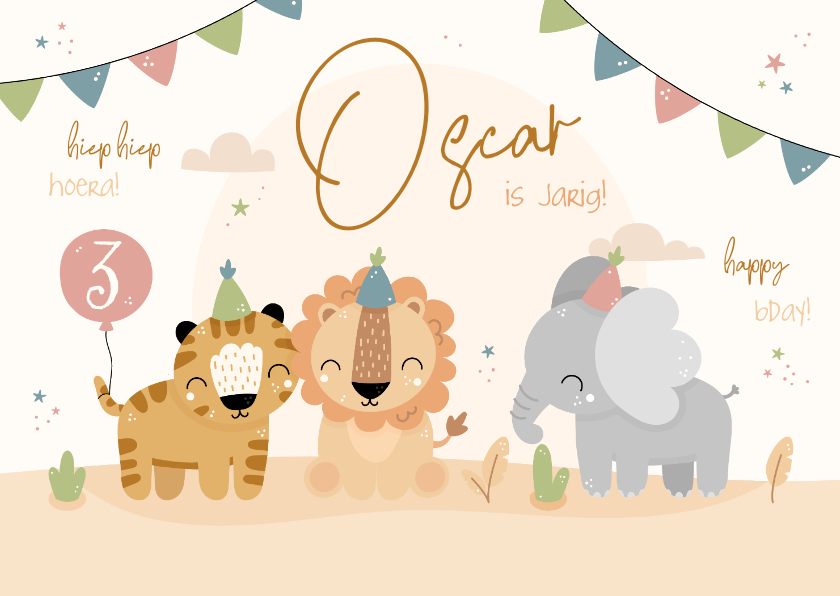 Verjaardagskaarten - Verjaardagskaart feestende junglediertjes