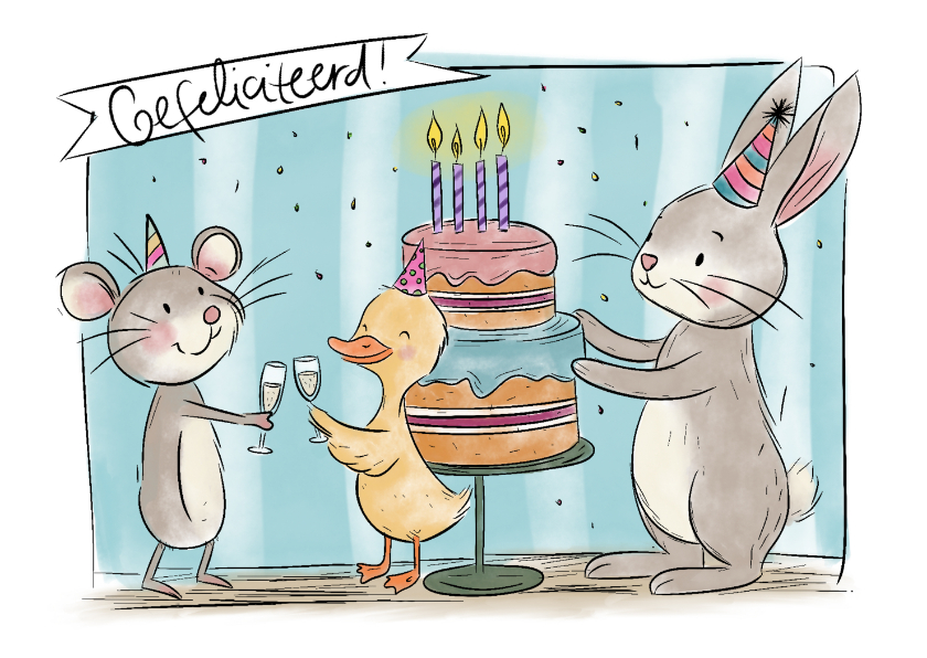 Verjaardagskaart feestje dieren - Verjaardagskaarten Verjaardagskaarten - Verjaardagskaart feestje dieren