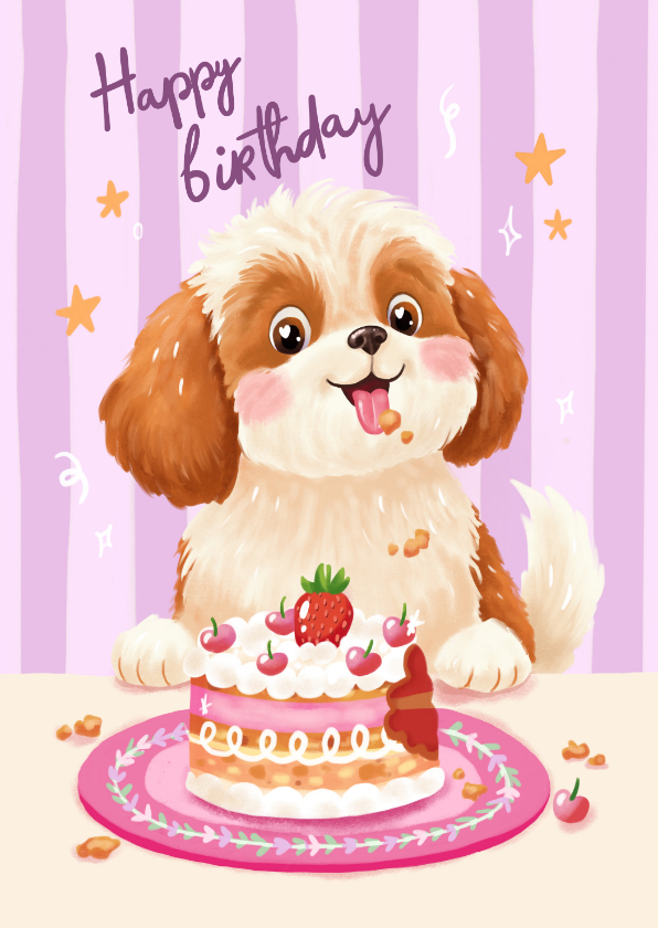 Verjaardagskaart felicitatie hond taart meisje vrouw - Verjaardagskaarten Verjaardagskaarten - Verjaardagskaart felicitatie hond taart meisje vrouw