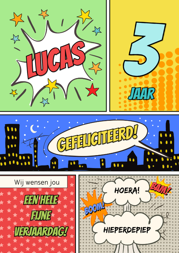 Verjaardagskaarten - Verjaardagskaart felicitatie jongen cartoon strip superheld