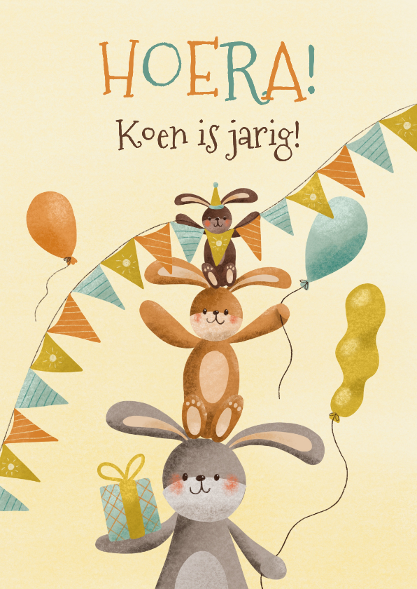 Verjaardagskaarten - Verjaardagskaart felicitatie konijntjes ballonnen slingers