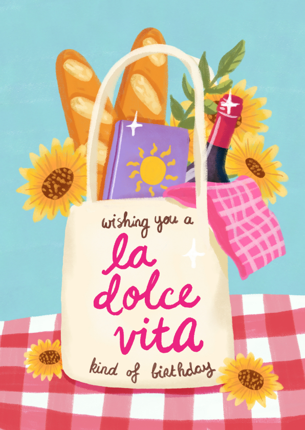 Verjaardagskaart felicitatie la dolce vita wijn bloem - Verjaardagskaarten Verjaardagskaarten - Verjaardagskaart felicitatie la dolce vita wijn bloem