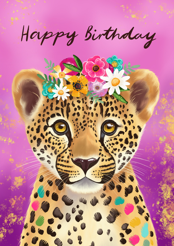 Verjaardagskaarten - Verjaardagskaart felicitatie luipaard met bloemen