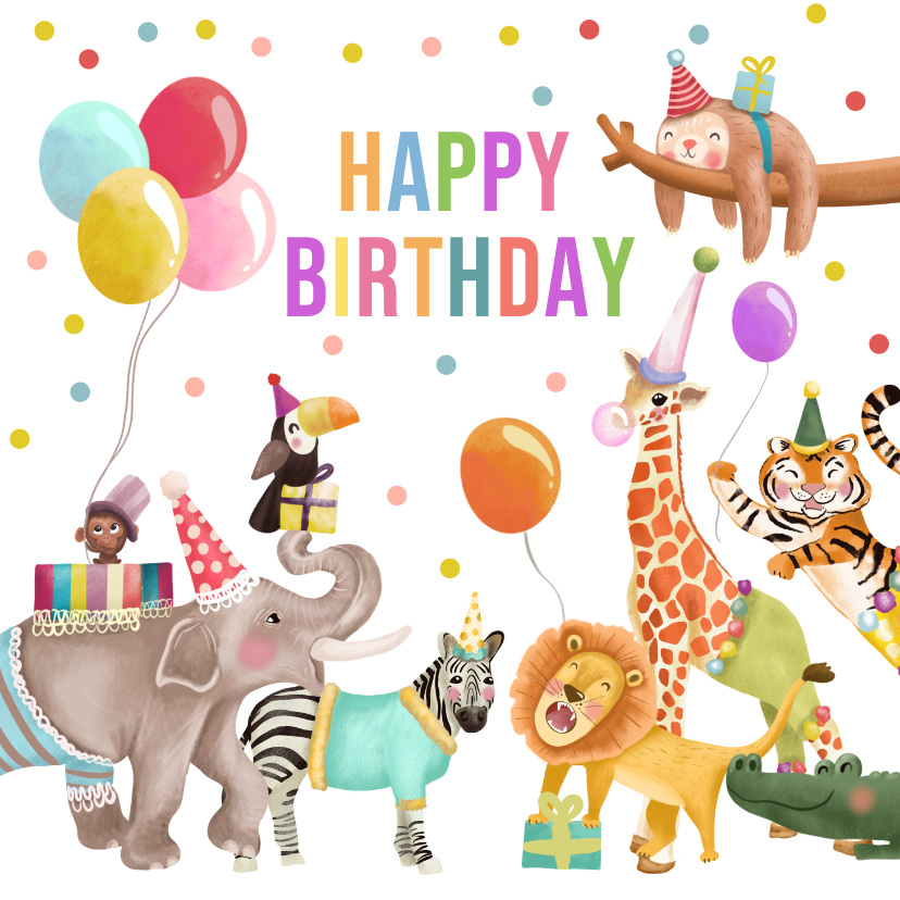 Verjaardagskaarten - Verjaardagskaart felicitatie met feestdieren en ballonnen