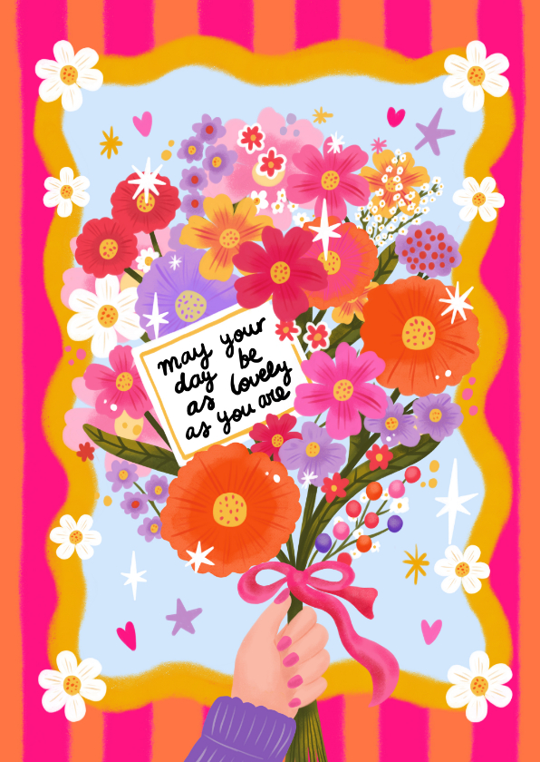Verjaardagskaarten - Verjaardagskaart felicitatie vrouw meisje boeket bloemen
