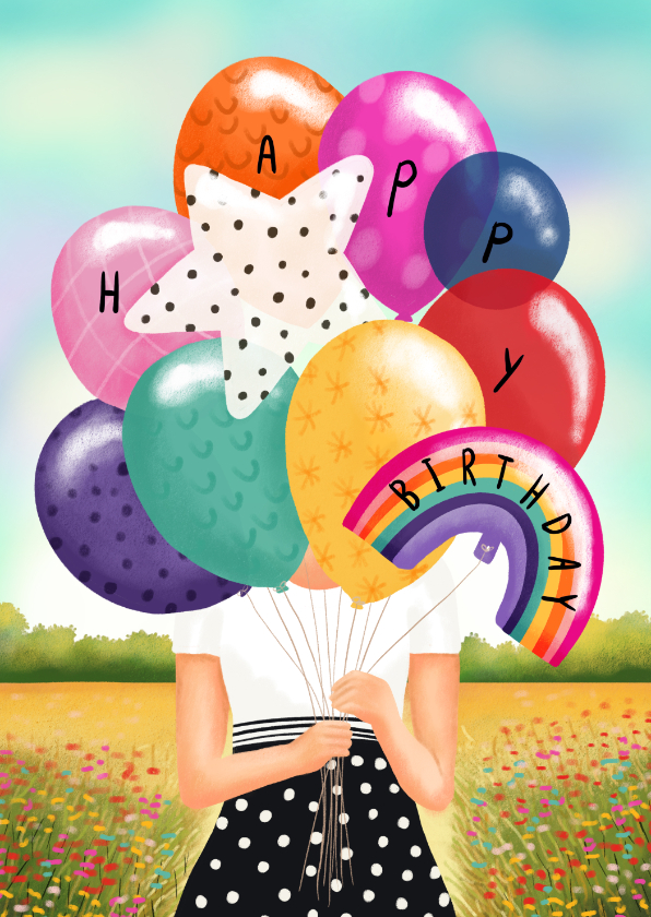 Verjaardagskaarten - Verjaardagskaart felicitatie vrouw met ballonnen