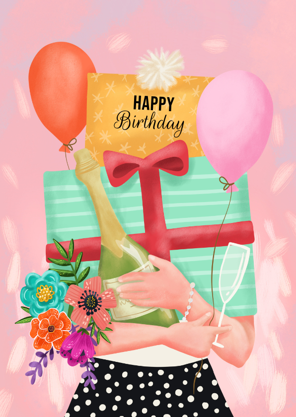 Verjaardagskaarten - Verjaardagskaart felicitatie vrouw met kado's en bloemen