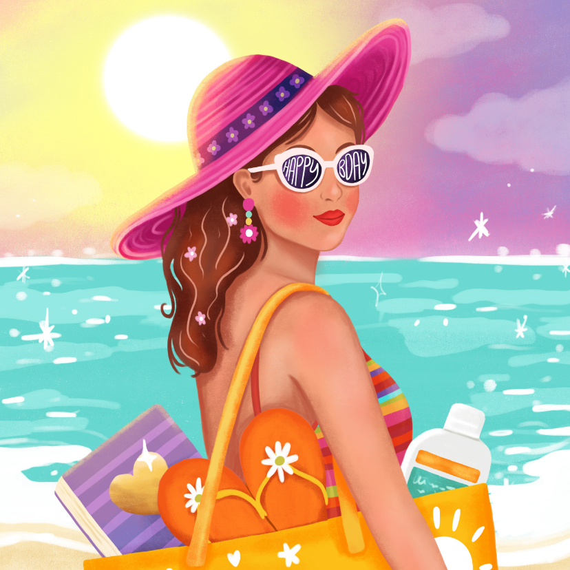 Verjaardagskaart felicitatie vrouw strand zomer zonnebril - Verjaardagskaarten Verjaardagskaarten - Verjaardagskaart felicitatie vrouw strand zomer zonnebril
