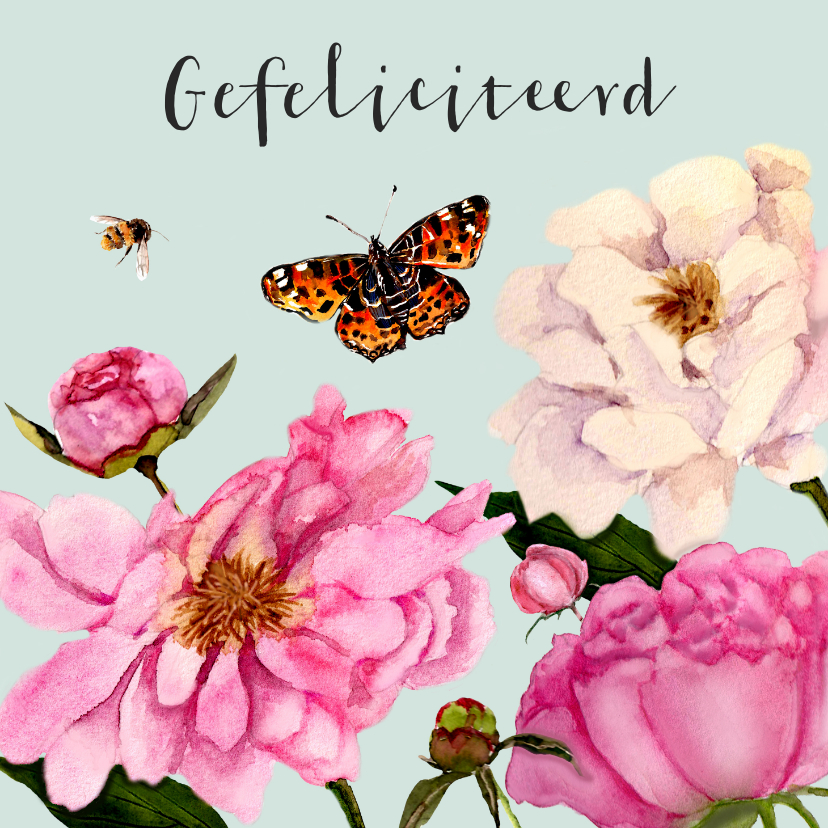Verjaardagskaart fleurige pioenrozen - Verjaardagskaarten Verjaardagskaarten - Verjaardagskaart fleurige pioenrozen