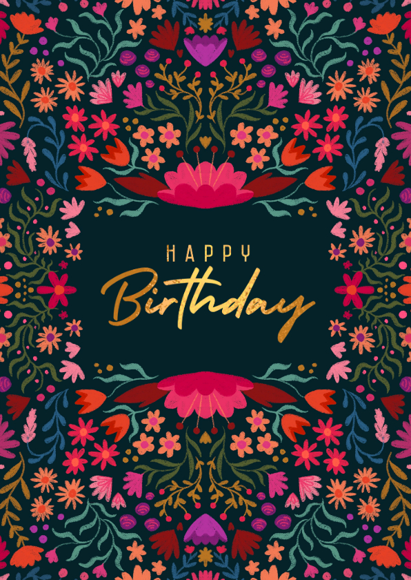 Verjaardagskaarten - Verjaardagskaart folk bloemen gekleurd