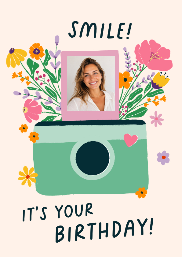 Verjaardagskaarten - Verjaardagskaart fotocamera met bloemen