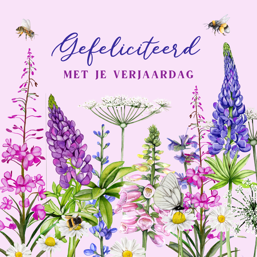 Verjaardagskaart gekleurde veldbloemen vlinder en bij - Verjaardagskaarten Verjaardagskaarten - Verjaardagskaart gekleurde veldbloemen vlinder en bij