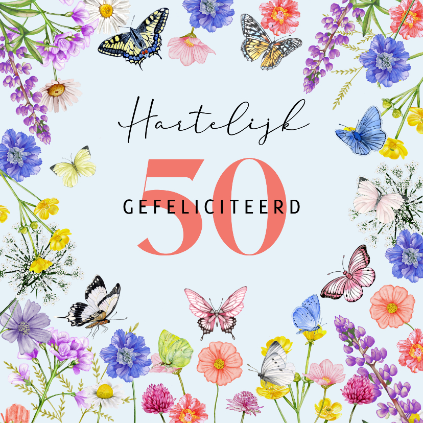 Verjaardagskaart gekleurde vlinders met veldbloemen - Verjaardagskaarten Verjaardagskaarten - Verjaardagskaart gekleurde vlinders met veldbloemen
