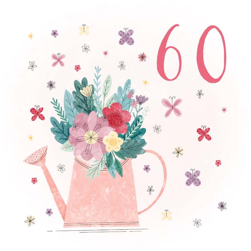 Verjaardagskaarten - Verjaardagskaart gieter met leeftijd, bloemen en vlinders