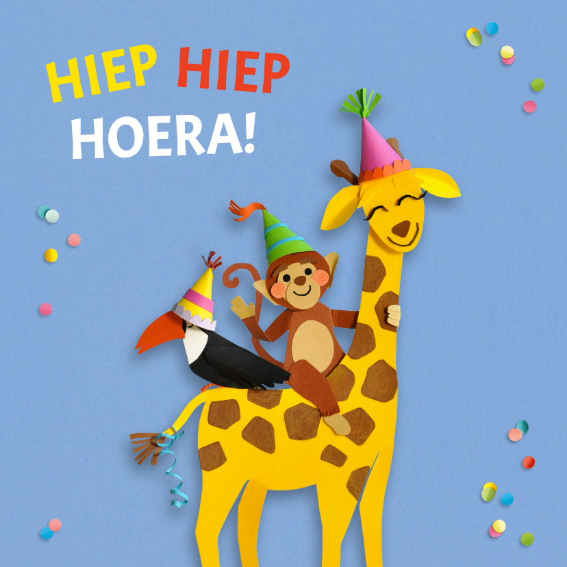 Verjaardagskaarten - Verjaardagskaart giraf aap en toekan