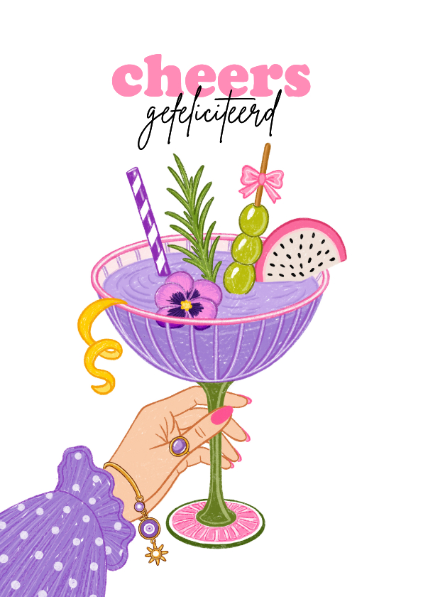 Verjaardagskaarten - Verjaardagskaart glas cocktail paars roze