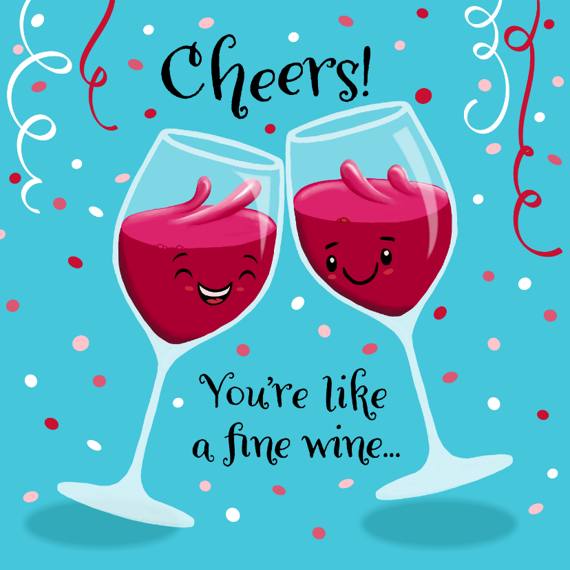 Verjaardagskaarten - Verjaardagskaart glazen rode wijn die proosten met elkaar!