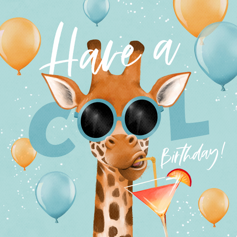 Verjaardagskaarten - Verjaardagskaart grappig giraf cocktail zomer ballonnen